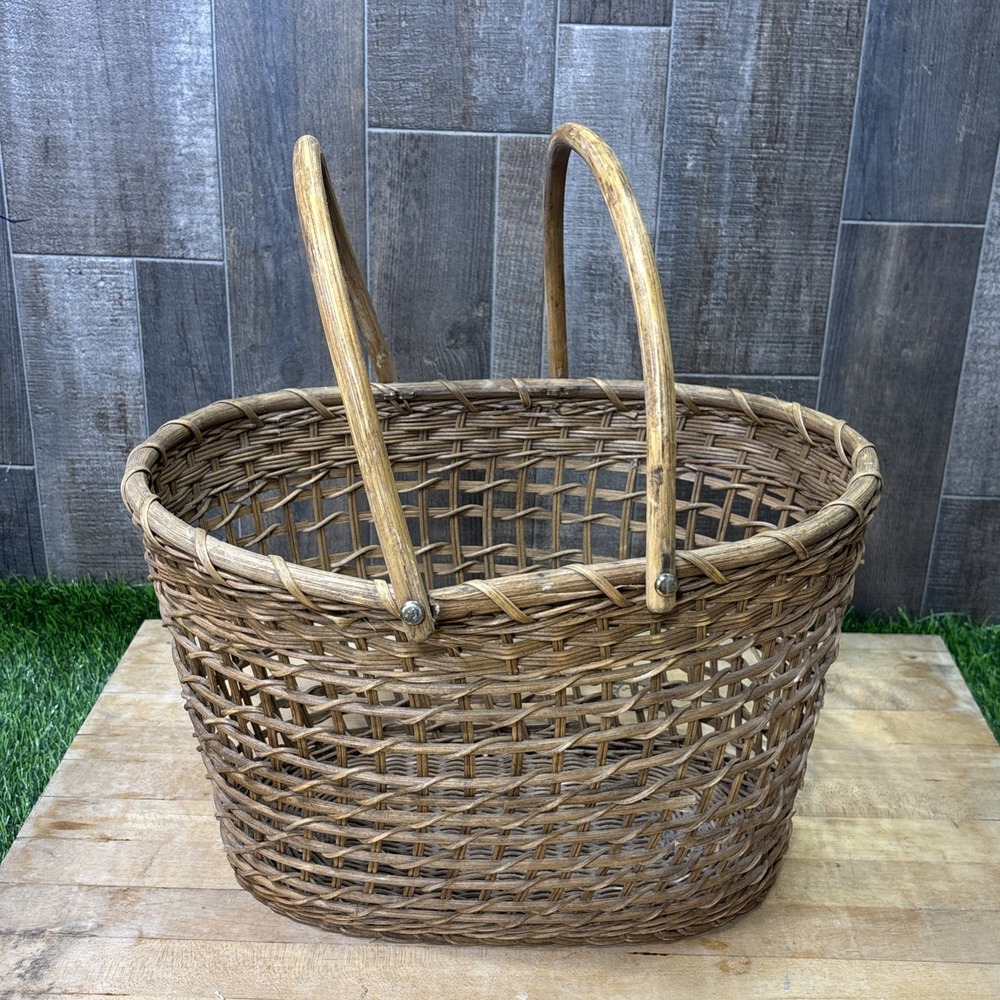 Vintage Wicker Market Basket Double Handles Rustic Farmhouse Decor Large